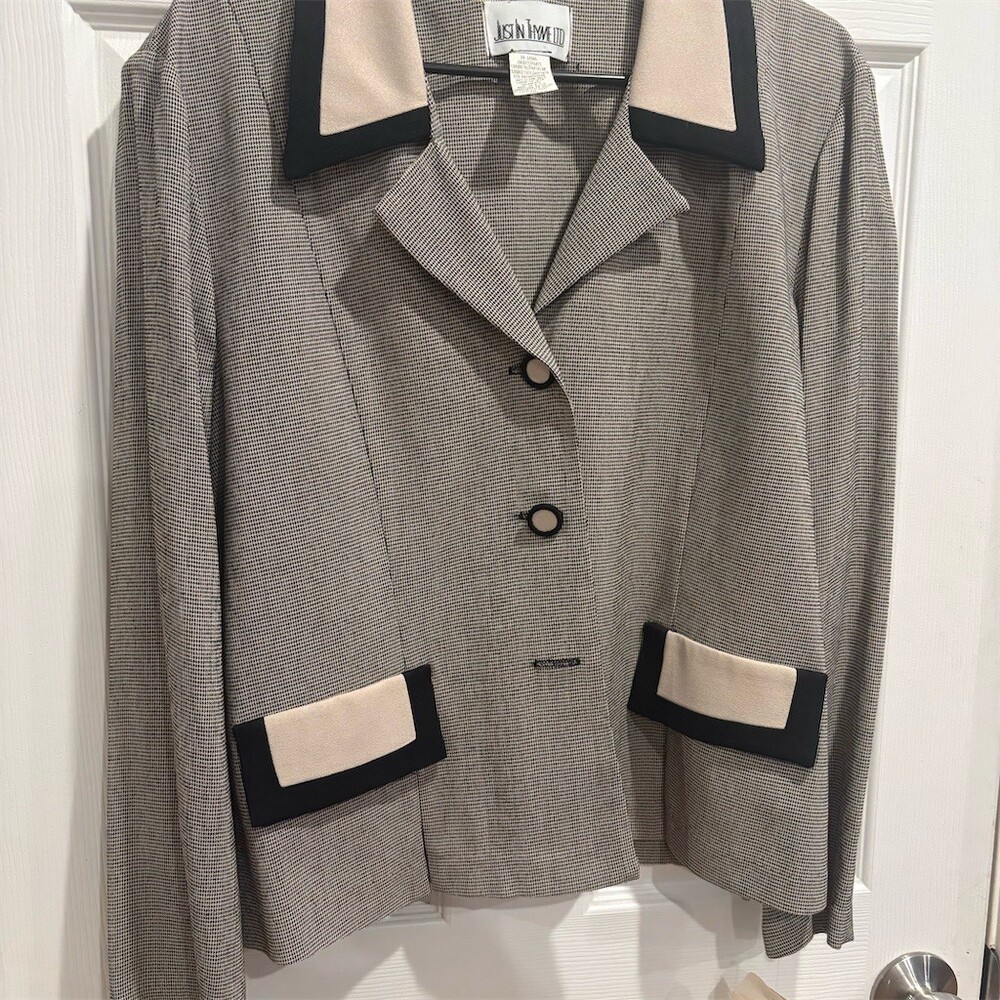 Just In Time Ltd Blazer Jacket Womens Size 14 Black White Houndstooth Trim